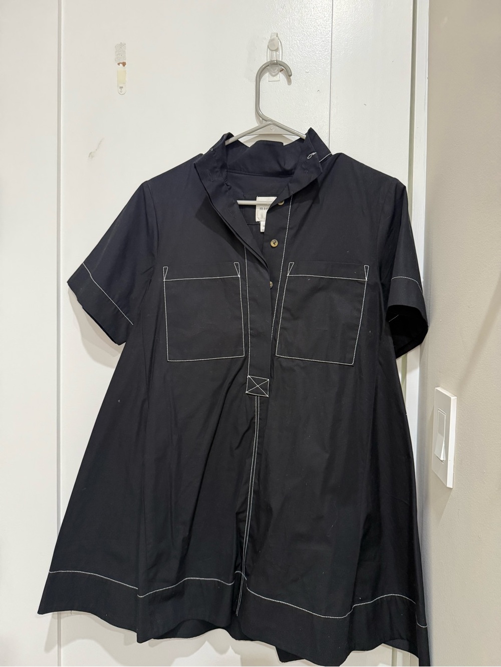 Maeve (Anthropologie) Black Short-Sleeve A-Line Dress with White Stitching